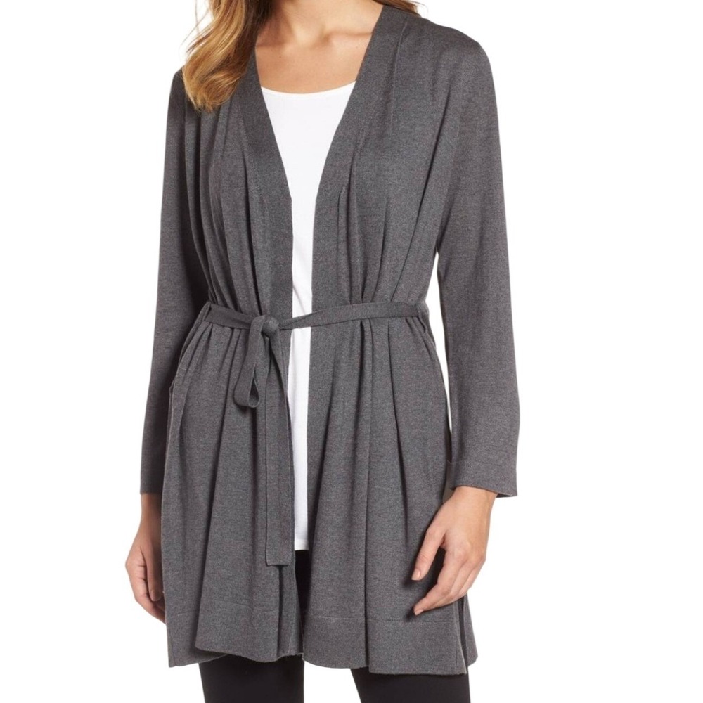 Eileen Fisher Womens Grey Belted Open Front Knit Cardigan Sweater Size S